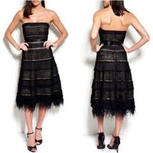 BCBG Maxazaria Sz 8 Black Strapless Lace Feather Boa Dress Ruffled NEW NWT $400
